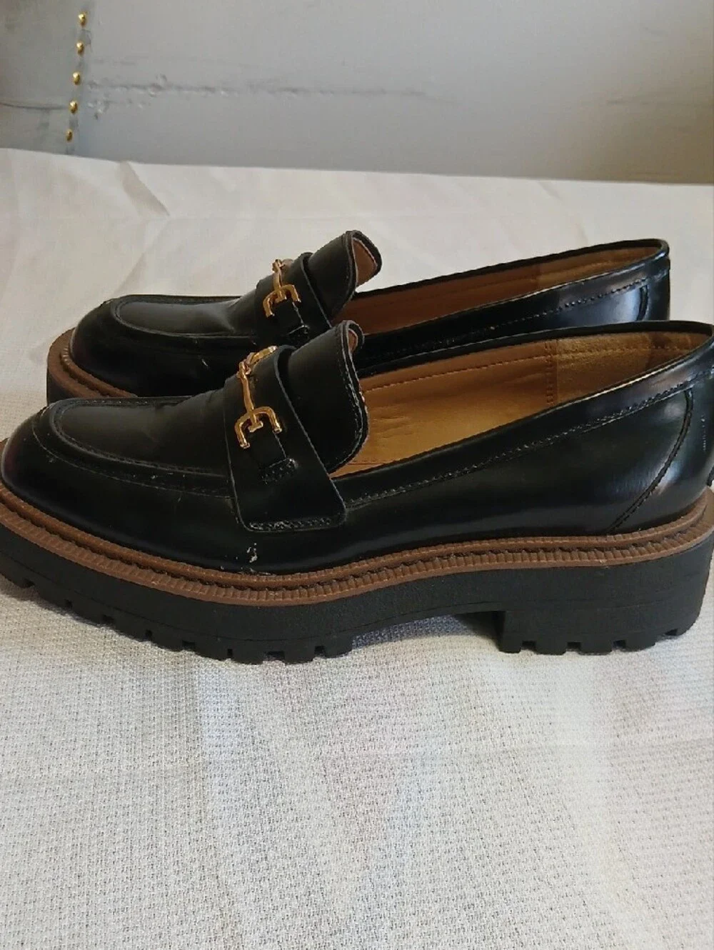 Sam Edelman Black Leather Loafers with Gold Bit Hardware